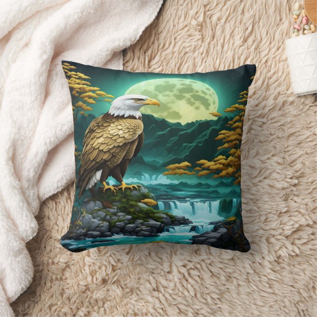 Coussin Aigle Perché Près De La Cascade Sous Pleine lune (Couverture)
