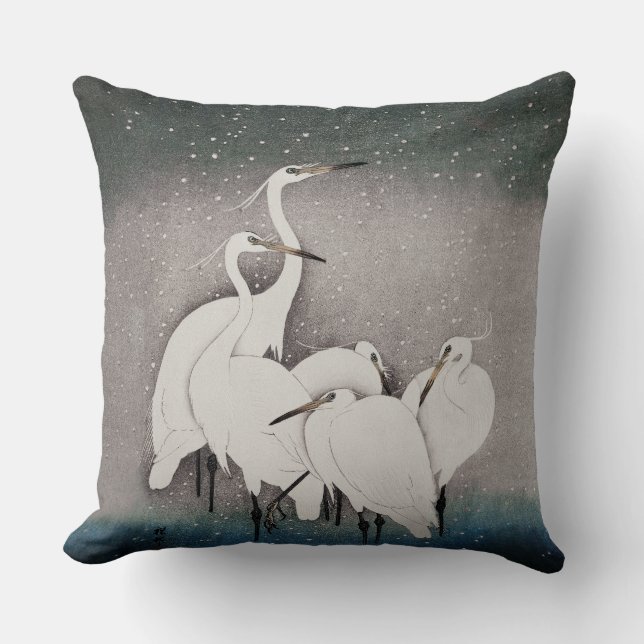 Coussin Aigrettes japonaises Grues Koson Neige d'hiver (Recto)