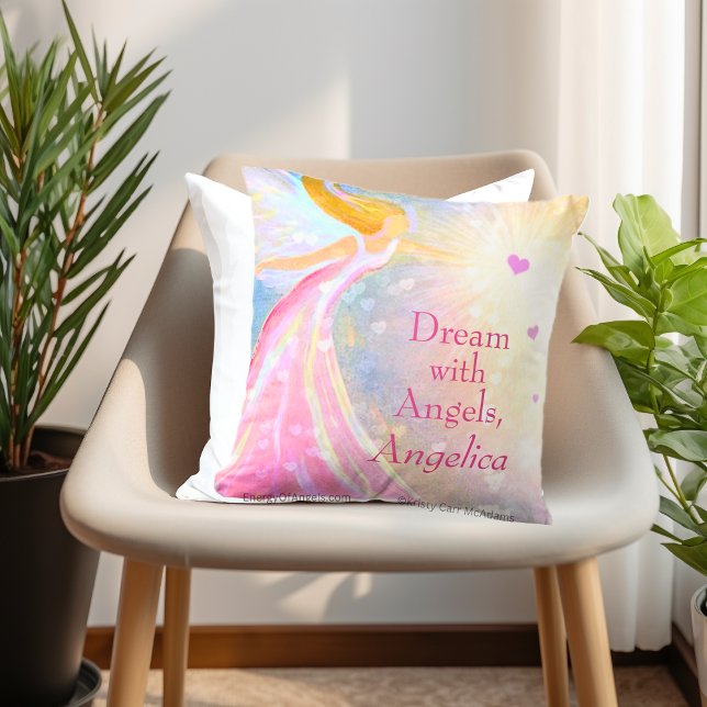 Coussin Ailes d'ange Rose Bleu Cœur Rêve Nom Aquarelle (Angel Pillow Personalized Name quote Dream with Angels Watercolor Art by Kristy Carr McAdams)