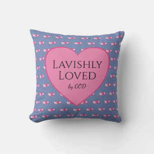 Coussin AIMÉ PAR DIEU Coeurs roses Personnalisé Blue Valen