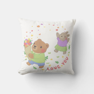 Coussin Aimez-vous : Ours et lapin en peluche avec fleurs