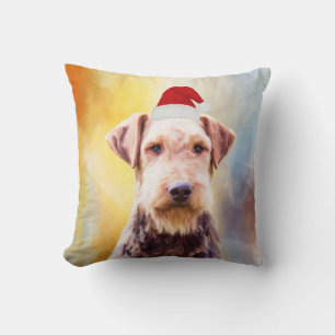 Coussin Airedale Chien Noël Santa Hat Art Portrait
