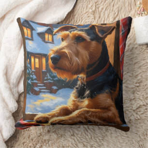 Coussin Airedale Terrier avec lumières de Noël vacances
