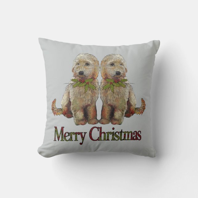 Coussin Ajouter de chiot de Labradoodle au houx de Noël (Recto)