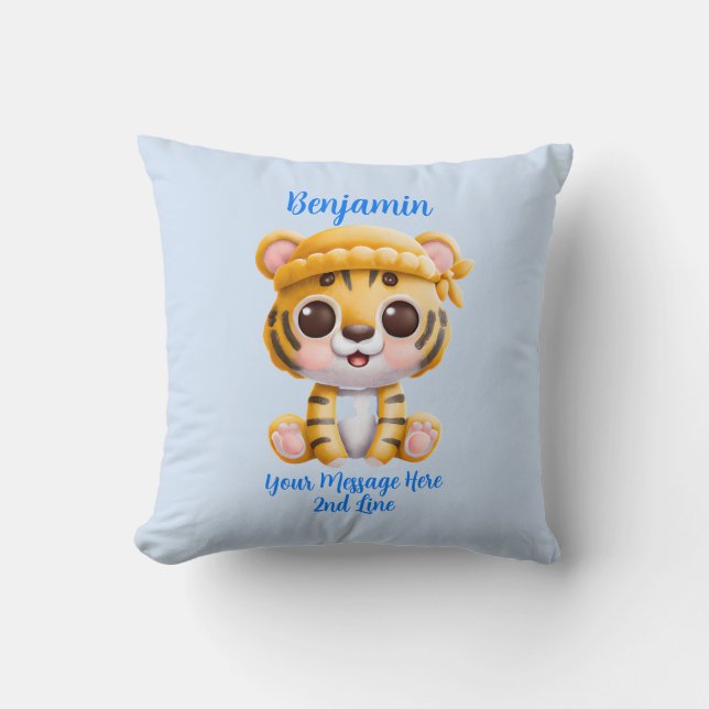 Coussin Ajouter le nom Texte, Bébé Tigre avec Casquette su (Recto)