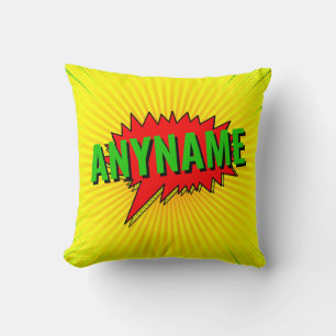 Coussin Ajouter un nom Comique Style de livre Texte Jaune 