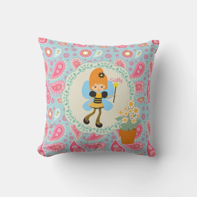 Coussin Ajouter un nom Jolie abeille Fairy rose paisley gi (Recto)
