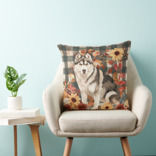 Coussin Alaskan Malamute Automne Aquarelle Fleurs