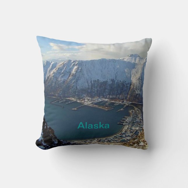 Coussin Alaskan Mountain Range et ville en dessous (Recto)