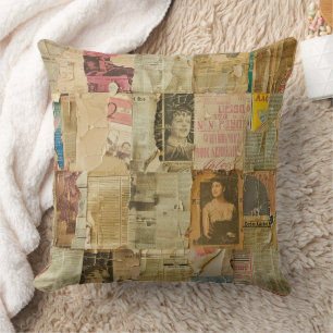 Coussin Album de découpages de journaux à portrait sépia a
