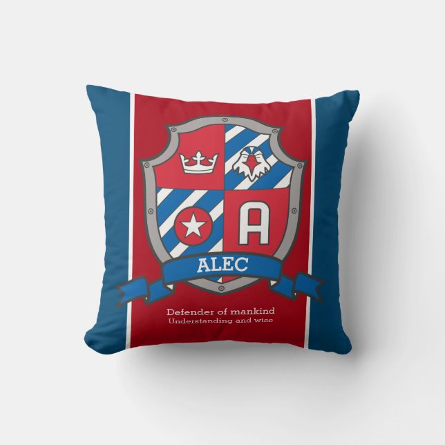 Coussin Alec nom signifiant crête d'oiseau bleu rouge (Recto)