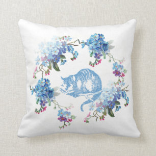 Coussin Alice dans floral bleu de chat de Cheshire du pays