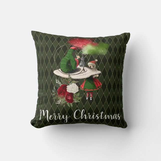 Coussin Alice et le Noël de la chenille fumeuse vert (Recto)