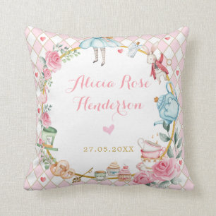 Coussin Alice florale rose au pays des merveilles Mad Tea