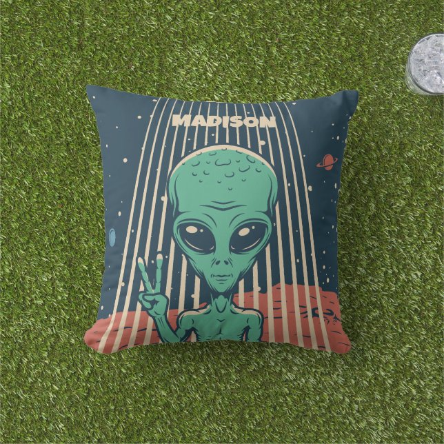 Coussin Alien UFO de nom personnalisé (Herbe)