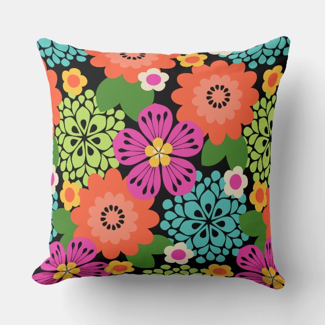 Coussin Allana Garden Floral Graphique Hawaiien - Noir (Recto)