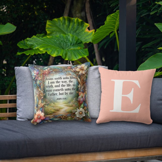 Coussin Allée de jardin floral Écriture Pêche Monogramme  (Créateur téléchargé)