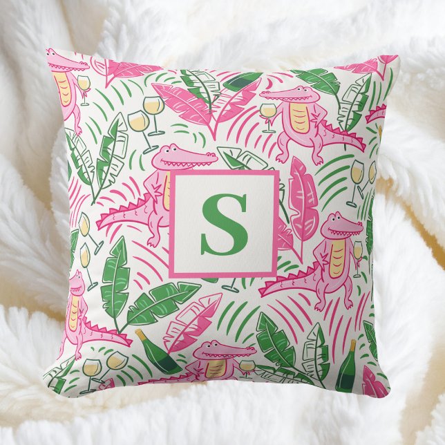 Coussin Alligator Rose Prépa & Vin / Monogramme Coastal (Créateur téléchargé)