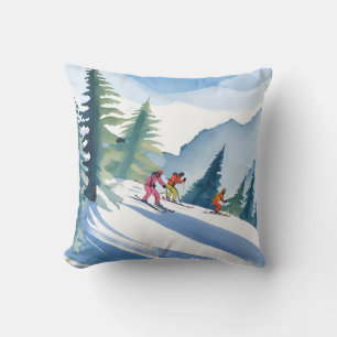 Coussin Allons Skiing Peinture Aquarelle d'Hiver