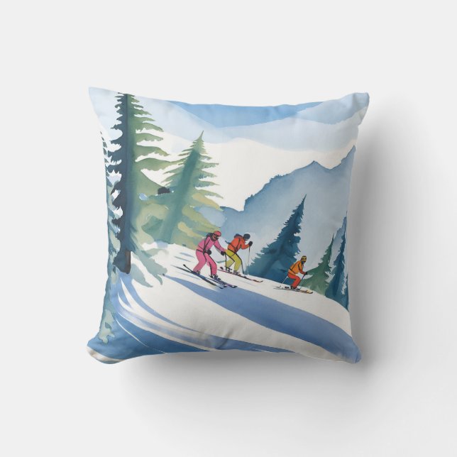 Coussin Allons Skiing | Peinture Aquarelle d'Hiver (Recto)