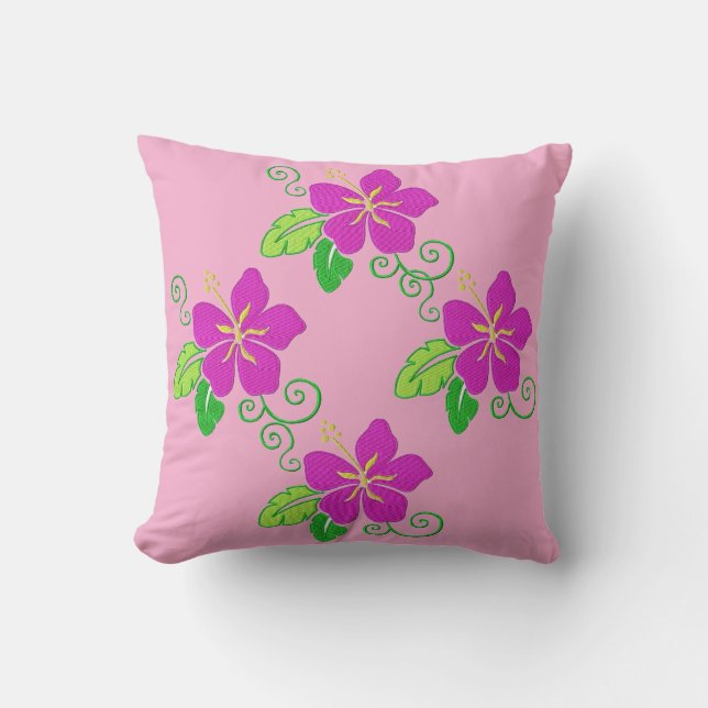 Coussin Aloha Brodé Regard Rose Fleur Hawaïenne   (Recto)