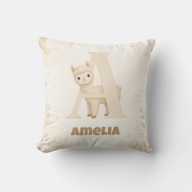 Coussin Alpaca Lettre A Nom de Bébé Personnalisé (Recto)