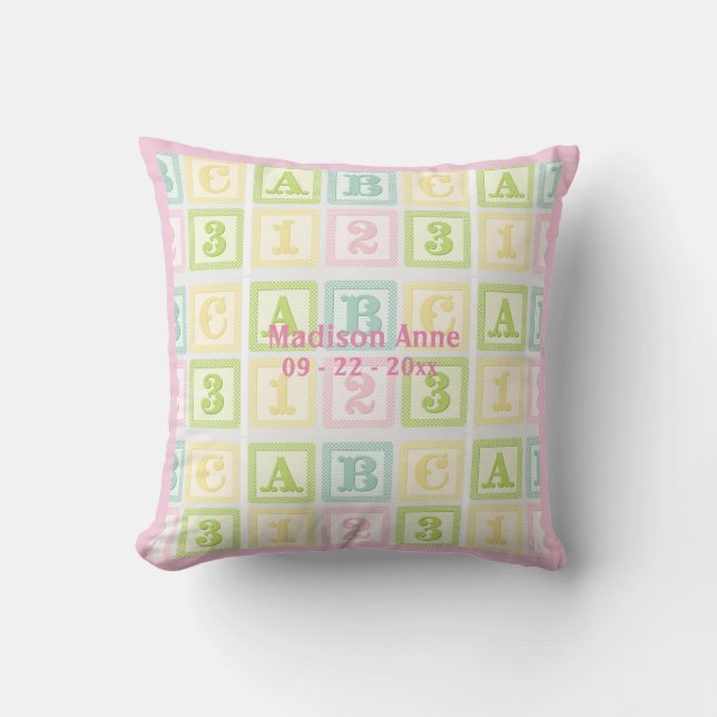 Coussin Alphabet Pink Baby Girl Nom personnalisé (Recto)