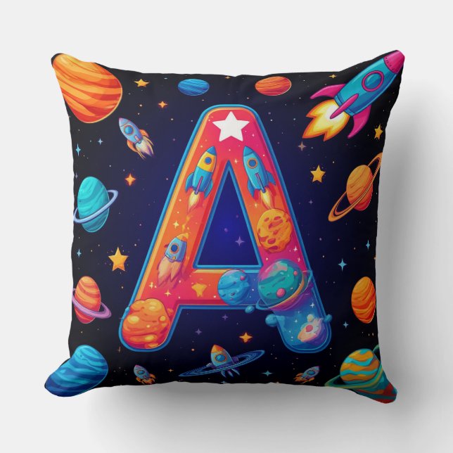 Coussin 🚀 Alphabet spatial Lettre A Fusées Étoiles Planèt (Recto)