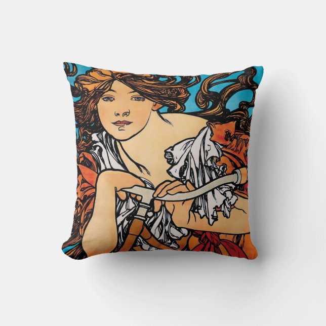Coussin Alphonse Mucha - Cycles Perfecta Art nouveau rétro (Recto)