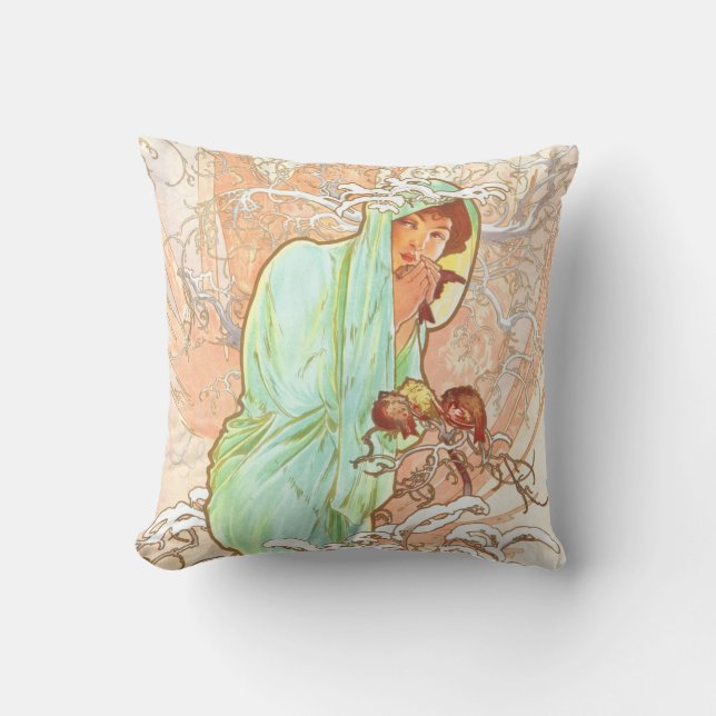 Coussin Alphonse Mucha Hiver Vintage Art Nouveau peinture (Recto)