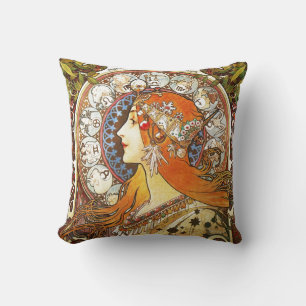 Coussin Alphonse Mucha La Plume Zodiac Art Nouveau Vintage