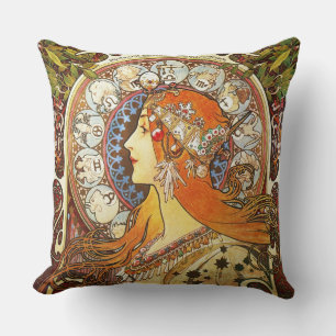 Coussin Alphonse Mucha La Plume Zodiac Art Nouveau Vintage