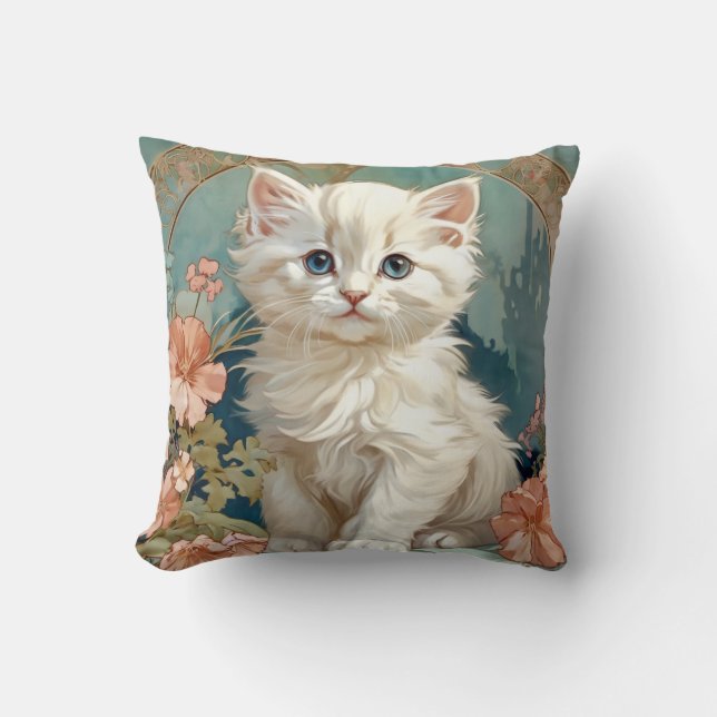 Coussin Alphonse Mucha Style Chat blanc (Recto)