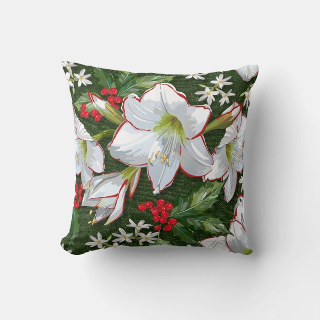 Coussin Amaryllis de Noël Festif + Motif Holly (Recto)