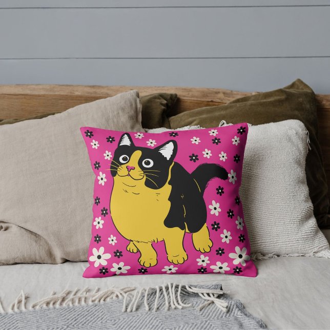 Coussin Amateur de chat moderne Fleurs Motif Rose (Créateur téléchargé)