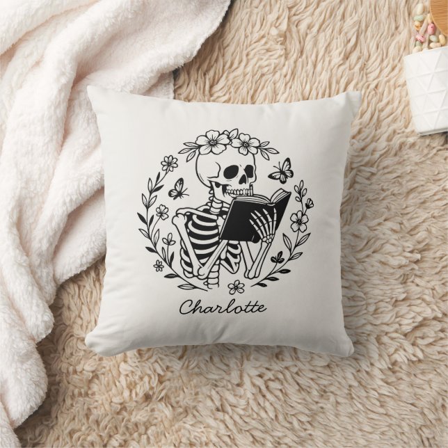 Coussin Amateur de livres drôle squelette de lecture perso (Couverture)