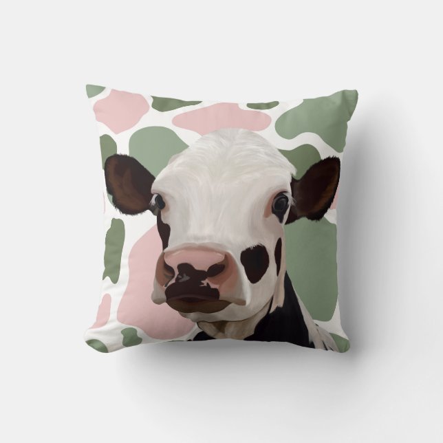 Coussin Amateurs de vaches Sage Green et Rose Cow Imprimer (Recto)
