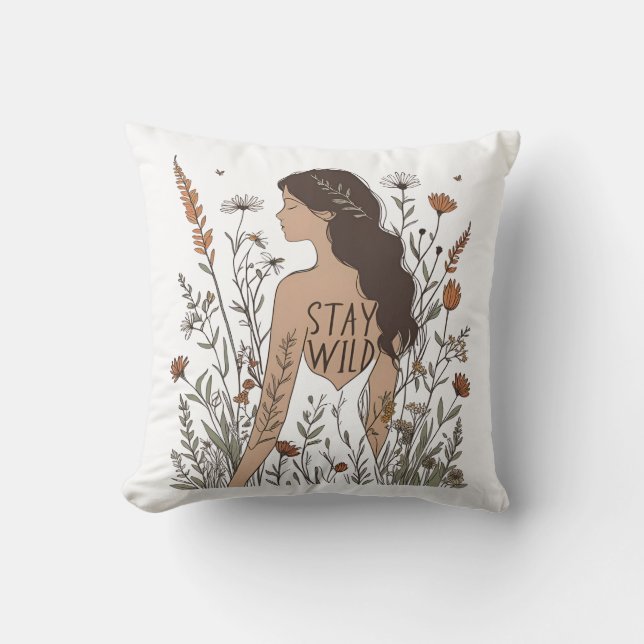 Coussin Âme Fleur Sauvage – Restez Sauvage Dessin au Trait (Recto)