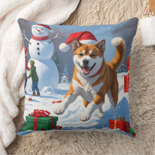Coussin American Akita Noël Festival scène de neige
