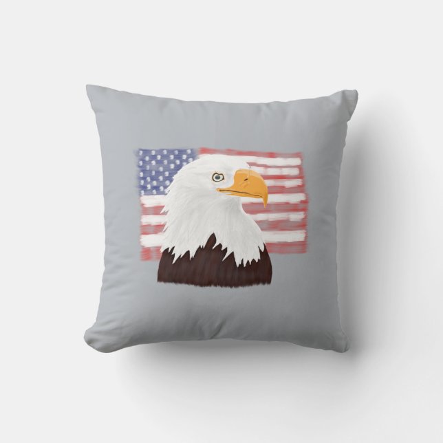 Coussin American Bald Eagle and Flag - transparent sur gri (Recto)