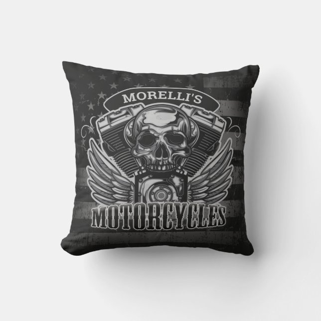 Coussin American Biker AJOUTER LE NOM Skull V-Twin Motos (Recto)