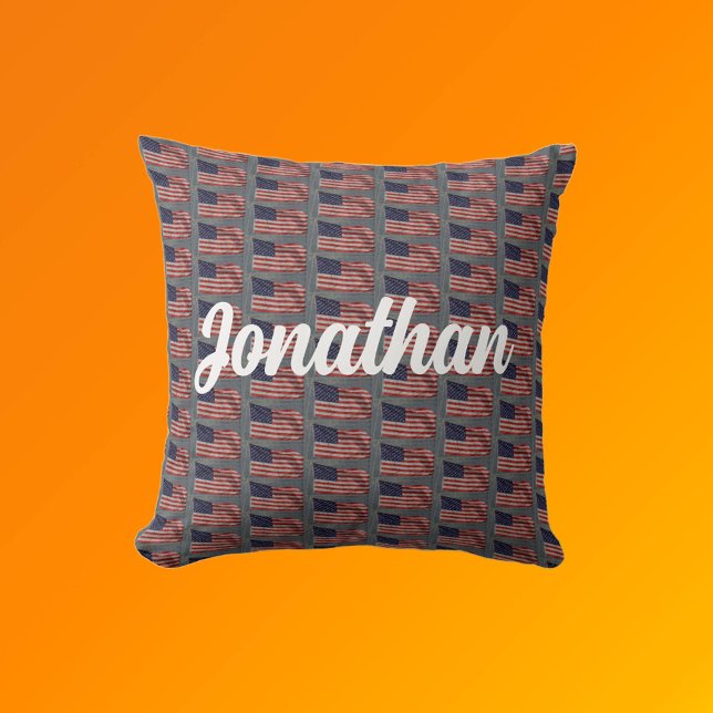 Coussin American Patriotic Flag Art Votre nom Texte blanc (Front with Background)