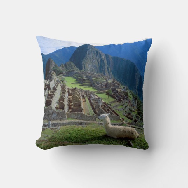Coussin Amérique du Sud, Pérou. Un lama se repose sur une  (Recto)