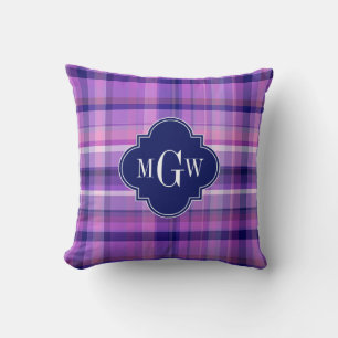 Coussin Améthyste Rose Navy Blanc Madras Prépa Monogramme