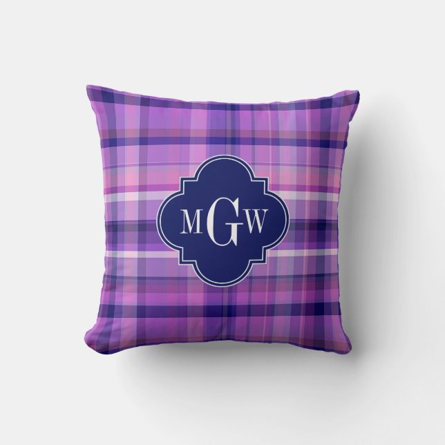 Coussin Améthyste Rose Navy Blanc Madras Prépa Monogramme (Recto)