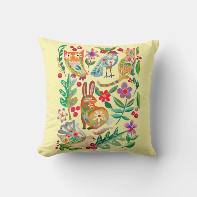 Coussin Amis Animaux Floraux Art Populaire Jaune Pâle (Recto)