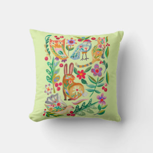 Coussin Amis Animaux Floraux Art Populaire Vert Pâle