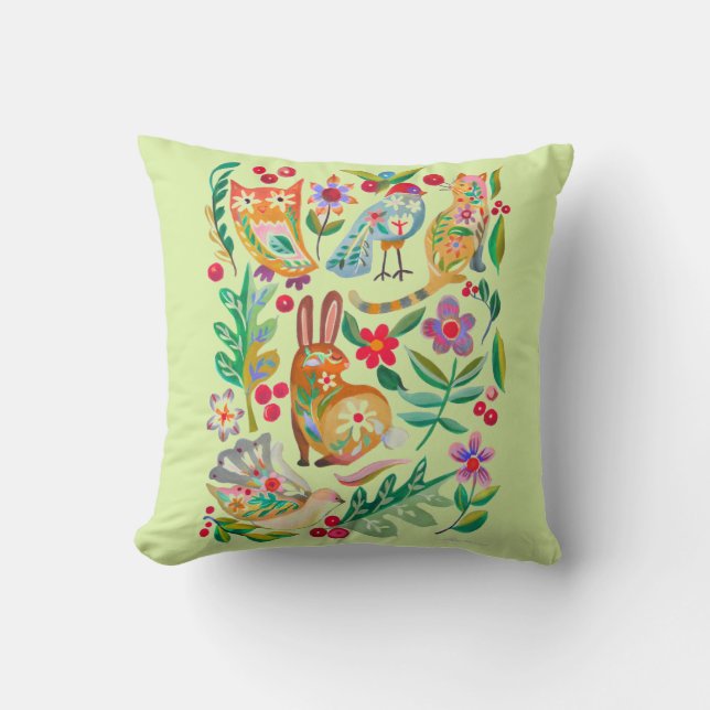 Coussin Amis Animaux Floraux Art Populaire Vert Pâle (Recto)