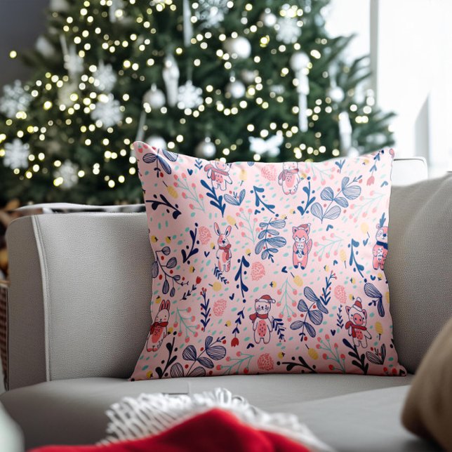 Coussin Amis de la forêt dans une forêt d'hiver douillette (Créateur téléchargé)