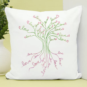 Coussin Amour Arbre de Vie Art Blanc Vert Coeurs roses mig
